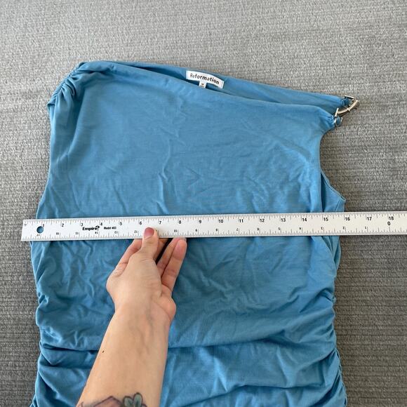 Reformation Izara Knit Mini Dress Women M Capri Blue Asymmetrical Top Ruched - Picture 5 of 9